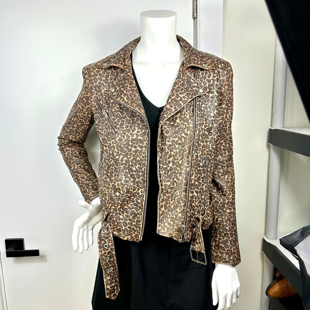 Leopard Print Leather Jacket Small Belted Moto Grunge Edgy Streetwear Festival - Picture 5 of 12